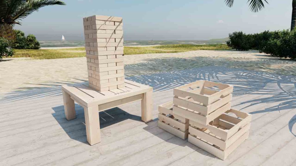 Giant Jenga table with crates