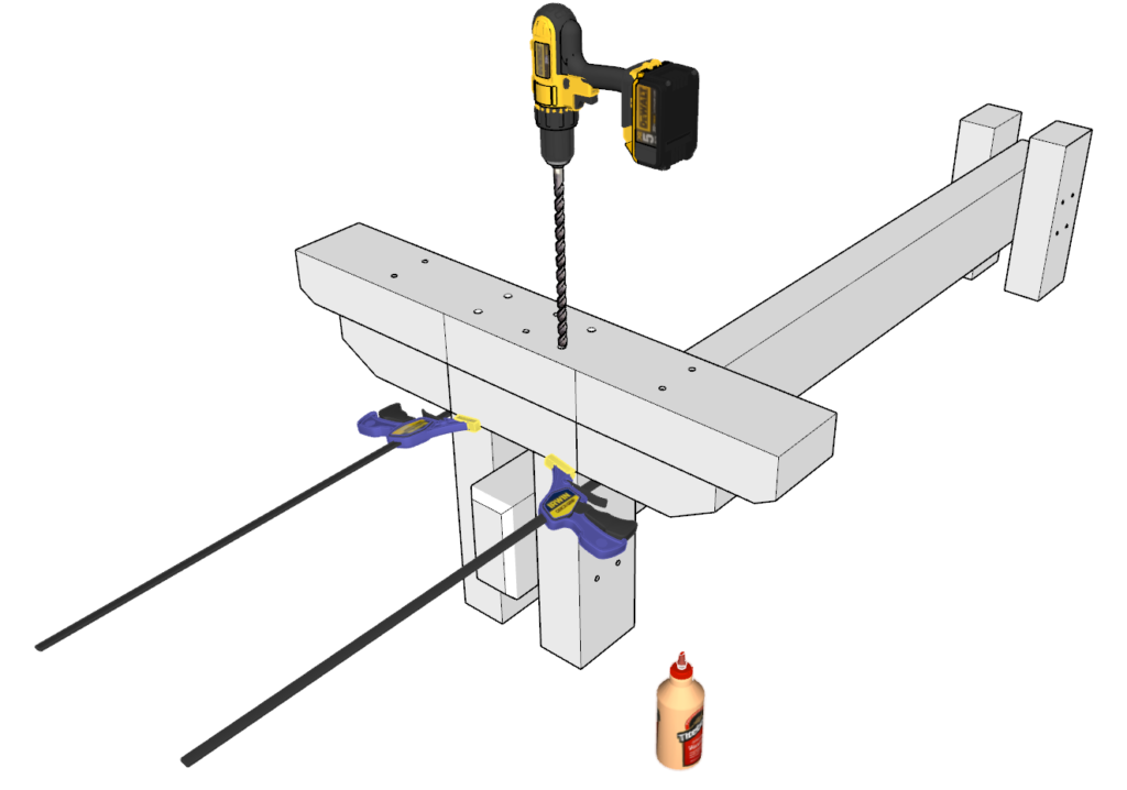 Table base assembly. Attaching central beam to the leg base