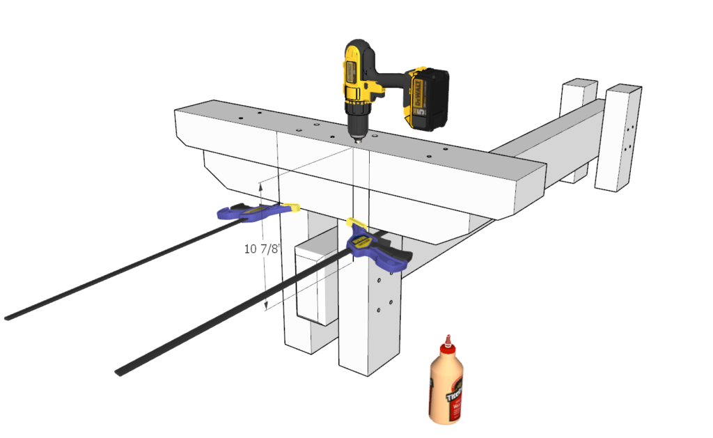 Table base assembly. Attaching central beam to the leg base