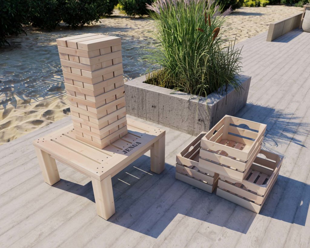Giant jenga table with blocks and crates