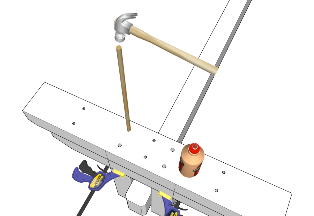 Hammer in dowels into the table base