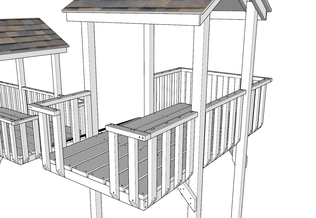 Attaching the roof and railing to the second DIY kids playhouse