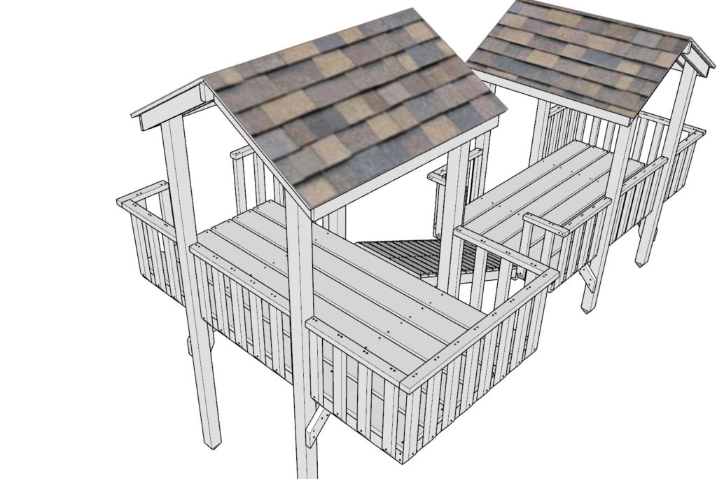 Attaching the roof and railing to the second DIY kids playhouse