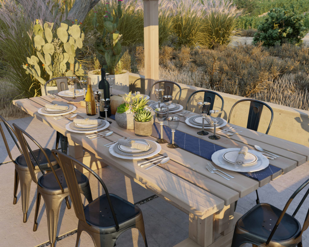 Outdoor table with table decor and chairs