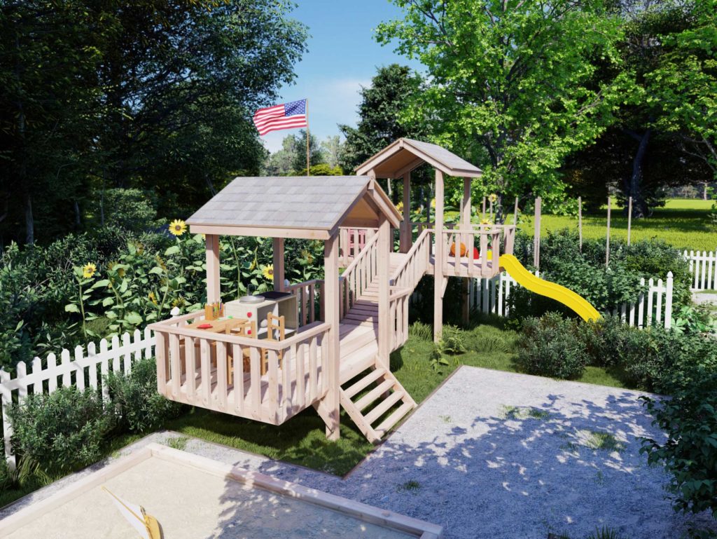 Outdoor wooden kids playhouse with slide
