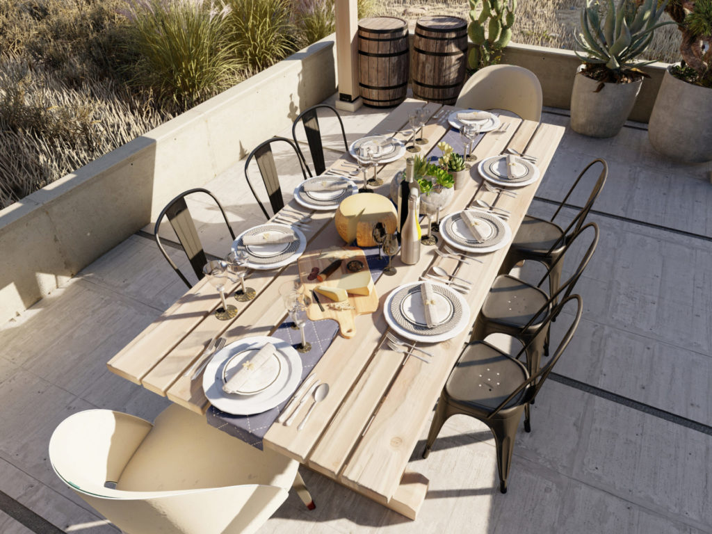 Outdoor table with table decor and chairs