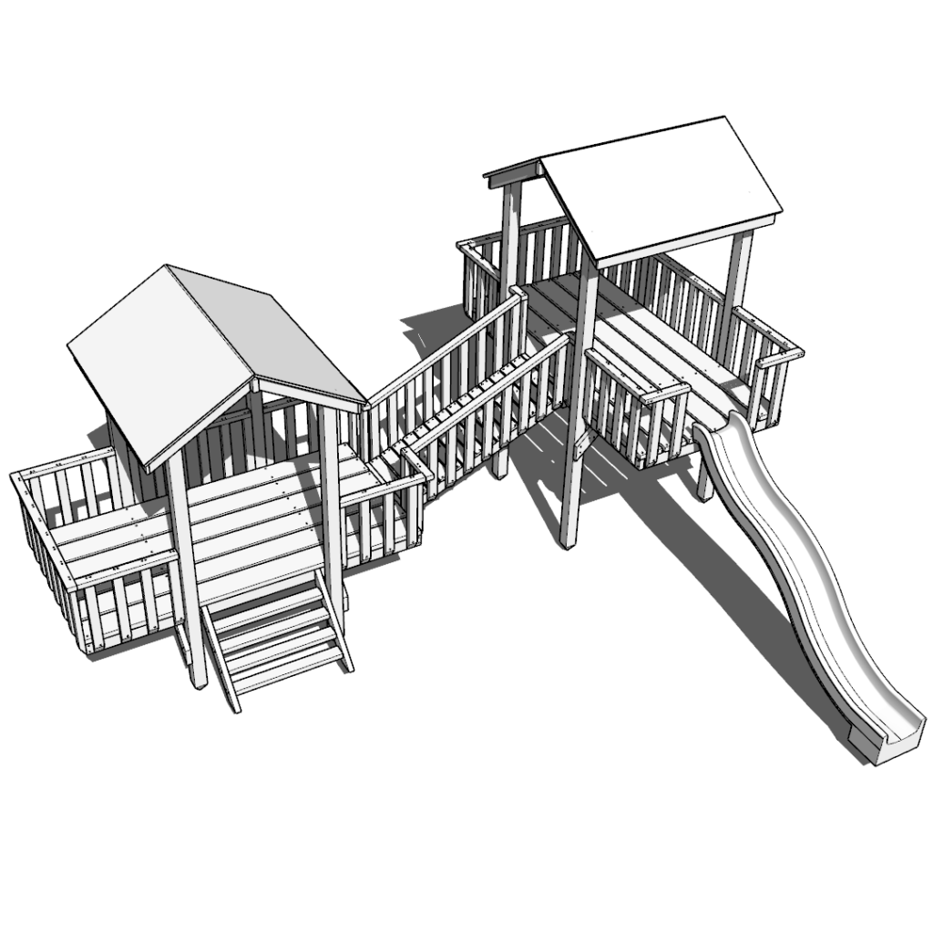DIY plans for Outdoor wooden kids playhouse with slide