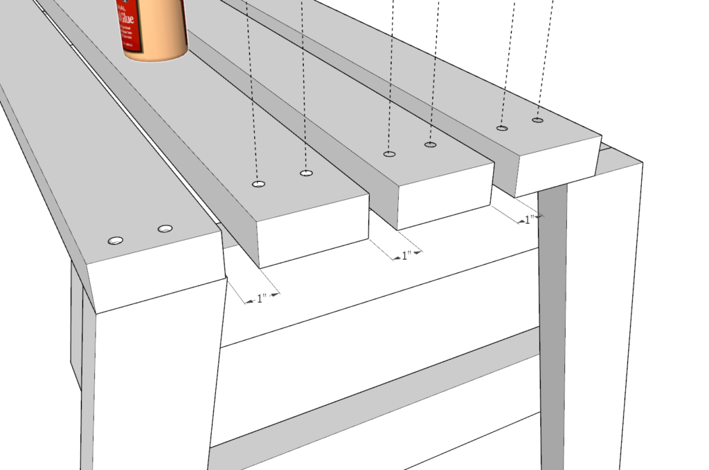 adding decking pieces of 2x4 to base of bench 1 inch apart