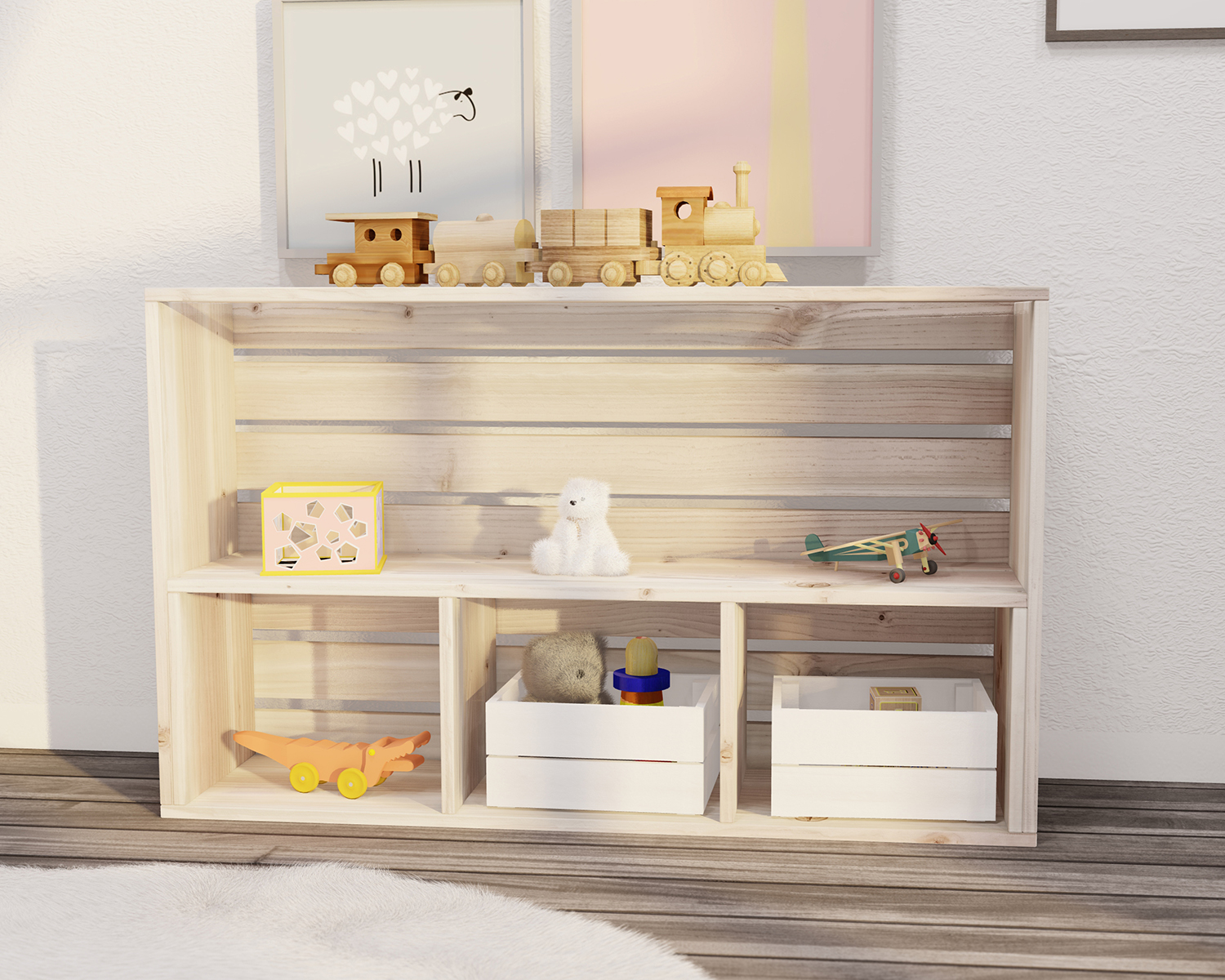 Montessori storage and activity shelf DIY plans