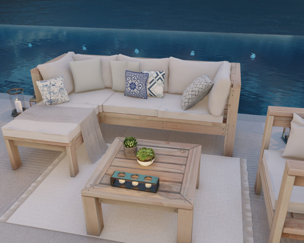 DIY chaise sectional, modern outdoor sofa, reversible patio sectional wit ottoman plans.