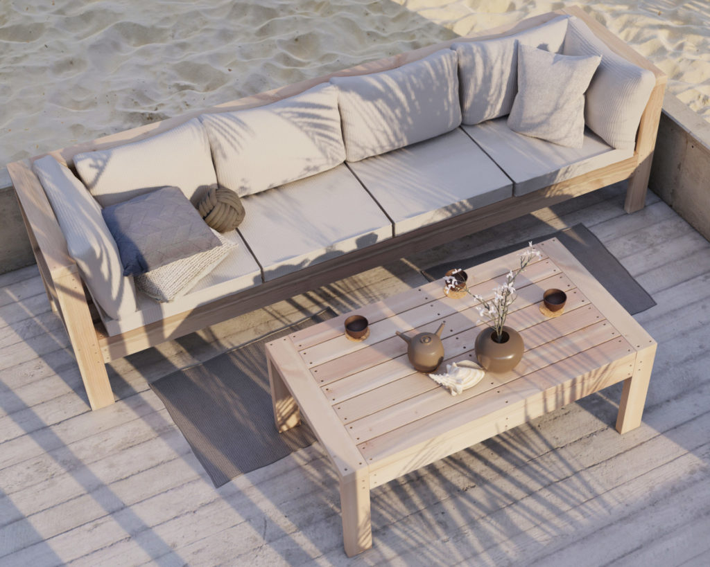 DIY patio bench with coffee table plans