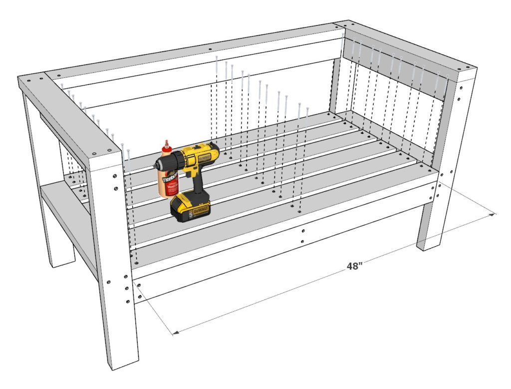 Adding decking pieces to DIY patio bench