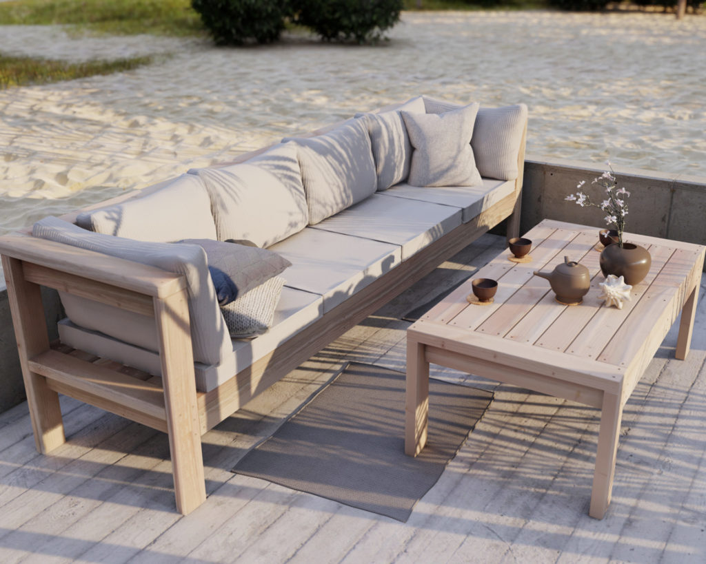 DIY patio bench with coffee table plans