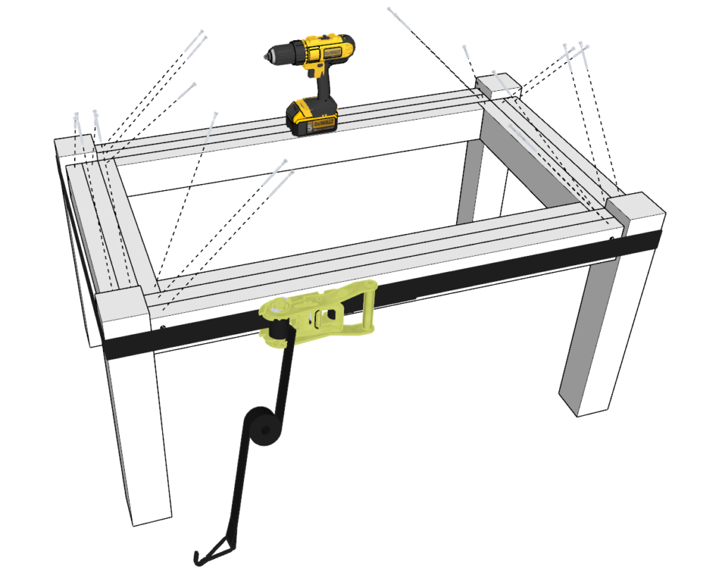 Flipping the kitchen island over to attach the frame to the legs