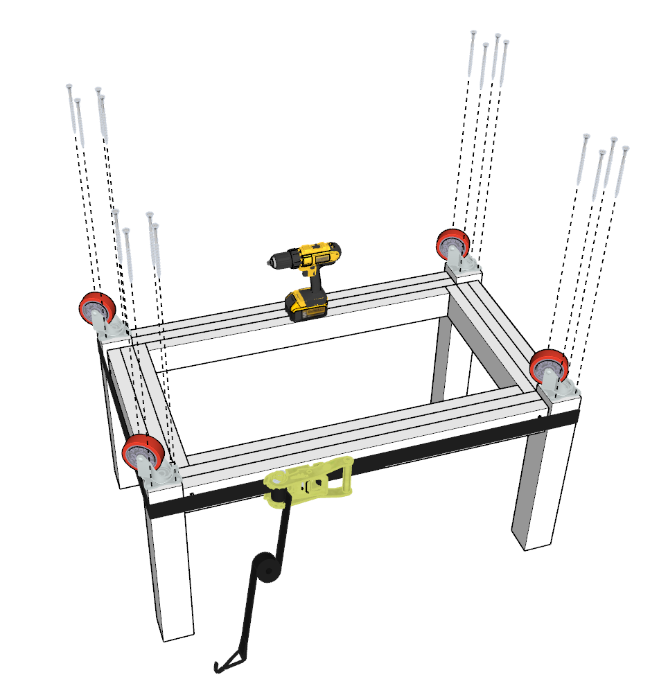 Attaching wheels to the DIY kitchen island rolling grill legs