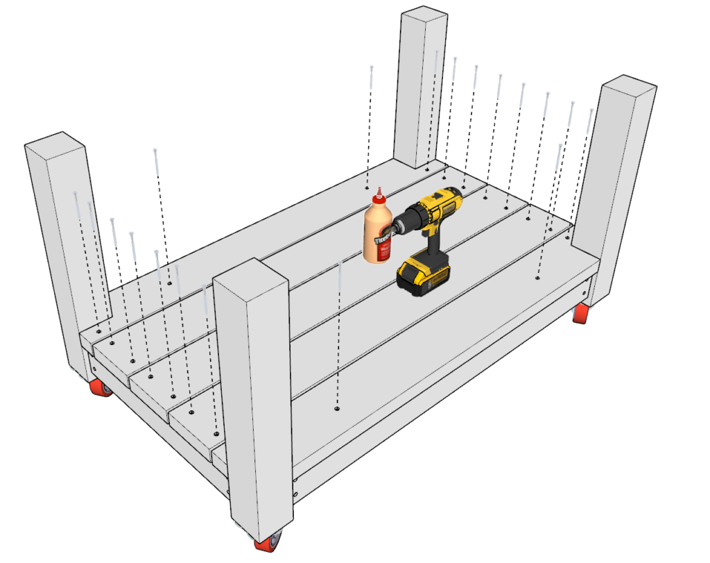 Adding the decking pieces for the bottom shelf of DIY grill table