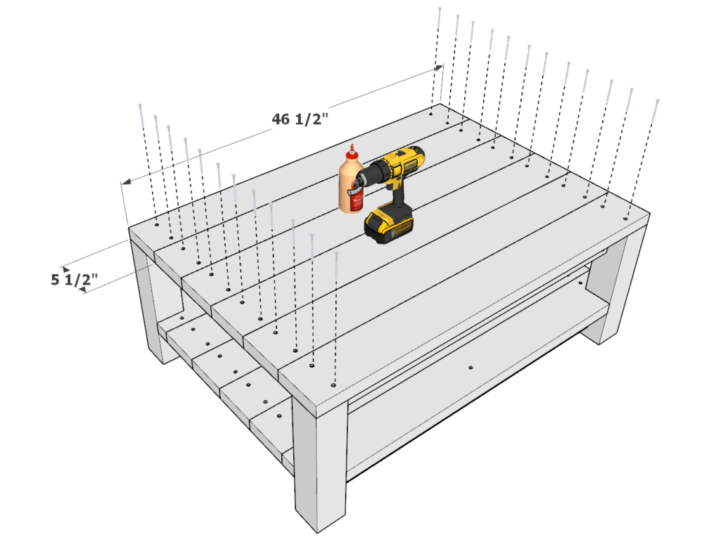 Adding decking pieces to the top of the DIY coffee table