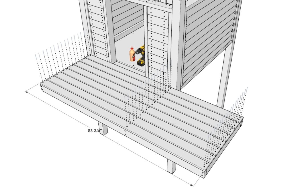 Adding decking lumber pieces to the patio frame