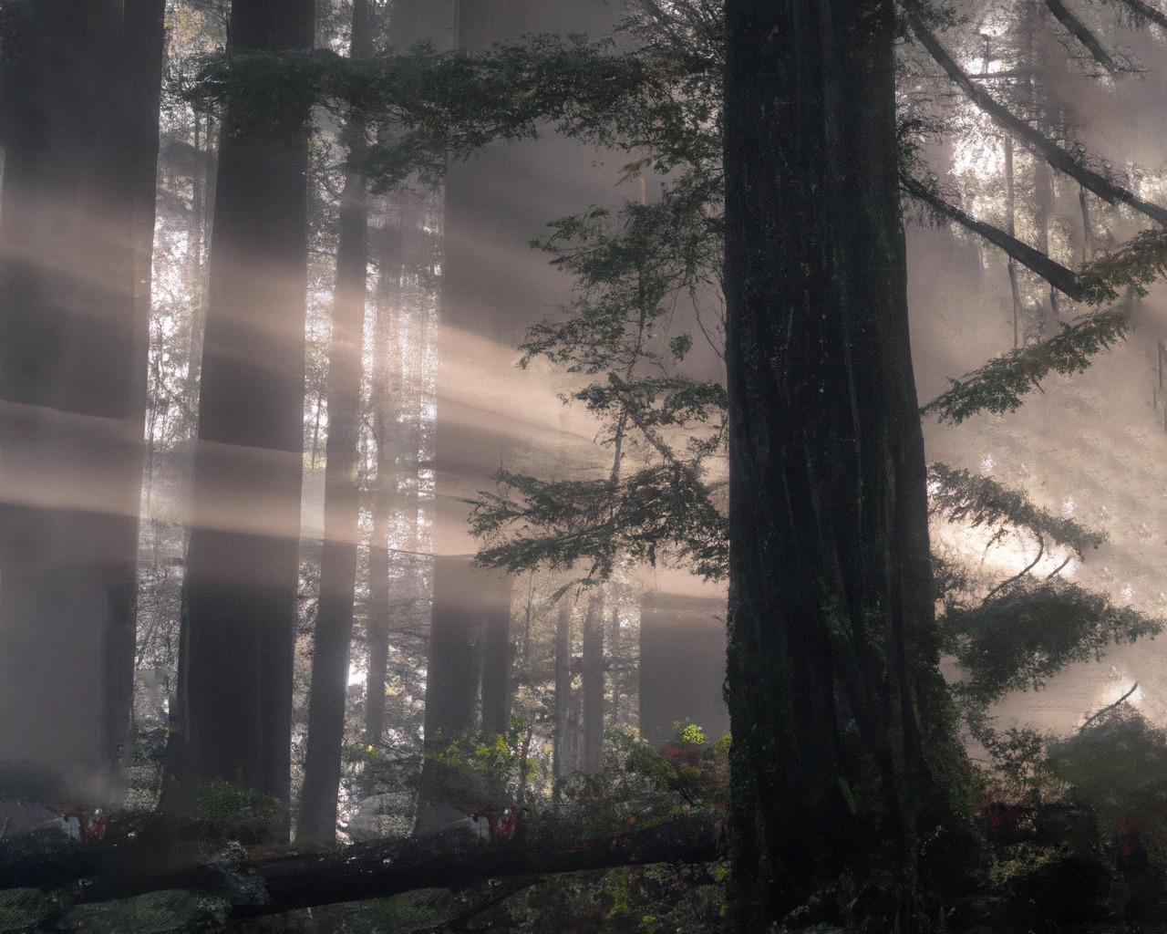 a hyper realistic photograph of a Douglas Fir forest in the fog in the morning with sun rays passing through the trees