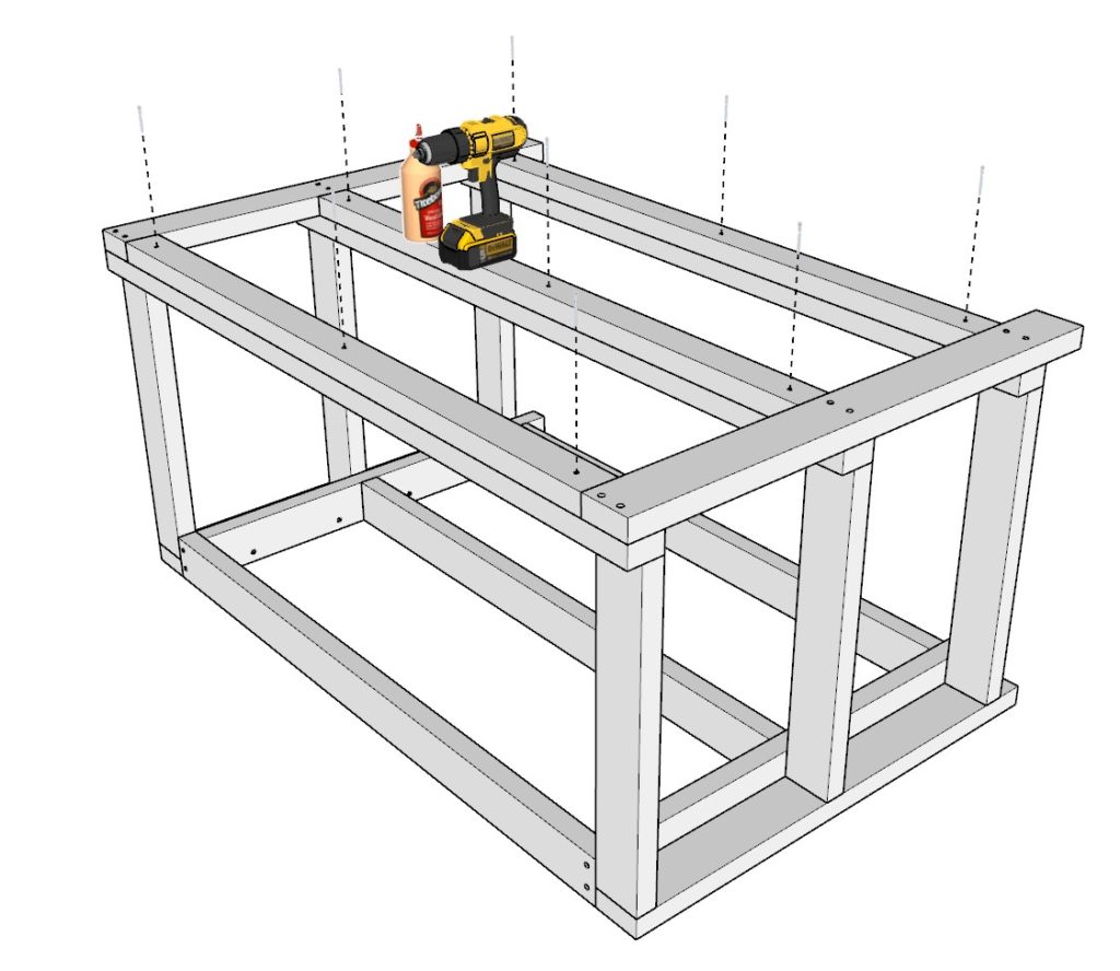 Adding reinforcement 2x3 lumber pieces to main frame of DIY bar
