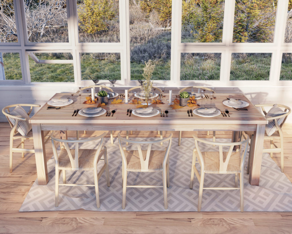 DIY dinning table and chair set. Table is set with thanksgiving décor with fall and autumn theme and background.