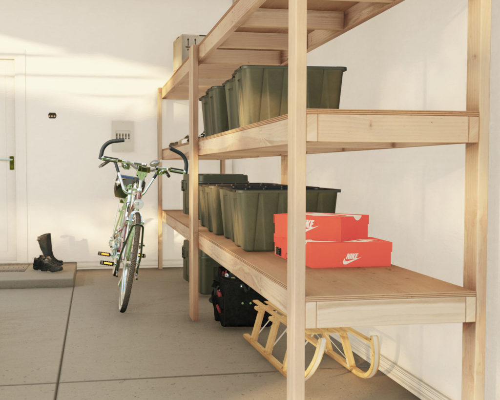 DIY wooden garage shelves with plywood and 2x4s plans