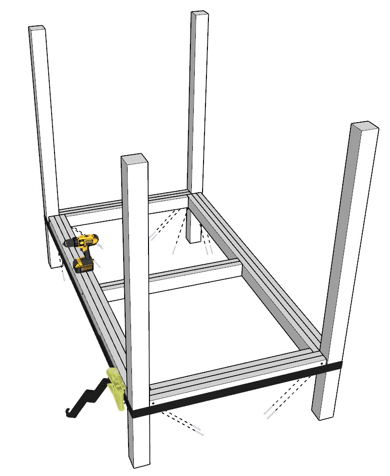 Adding the bed frames to the bunk bed 4x4 posts