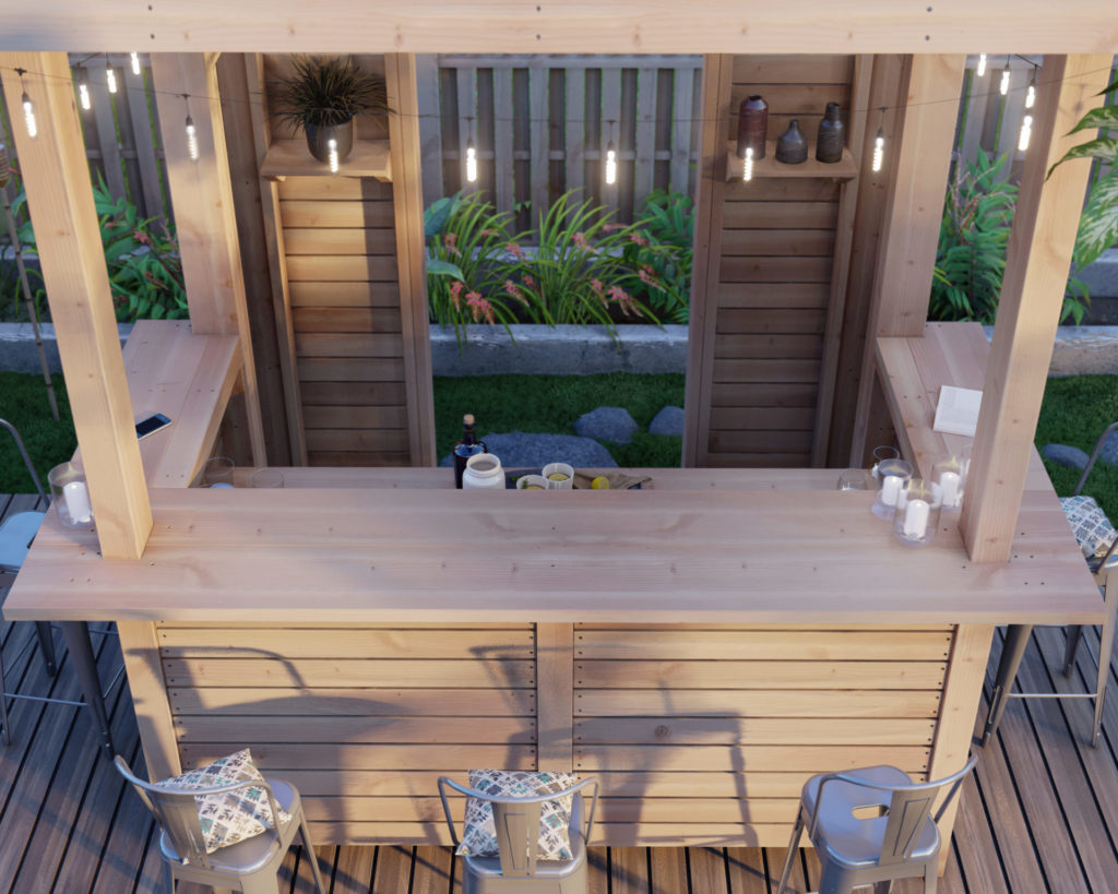 DIY outdoor bar with roof. Tiki bar, home bar, wooden bar. DIY plans