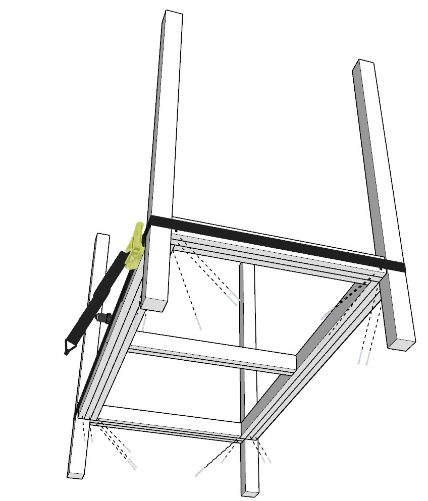 Adding the bed frames to the bunk bed 4x4 posts