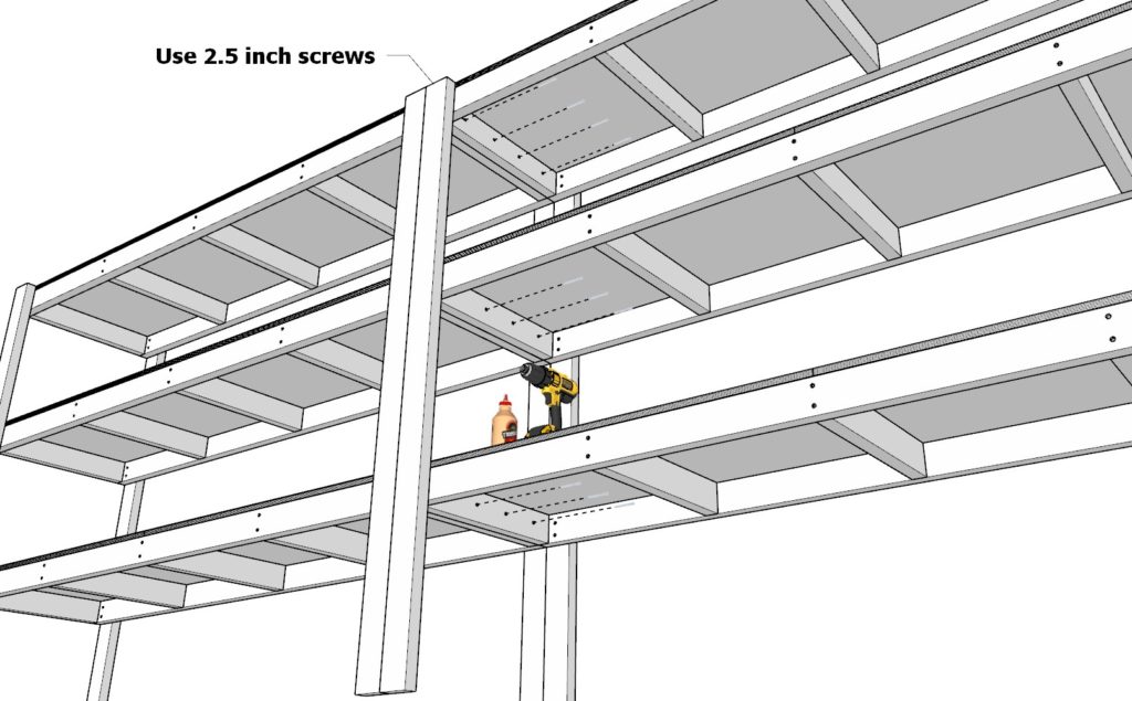 joining the DIY garage shelves with screws