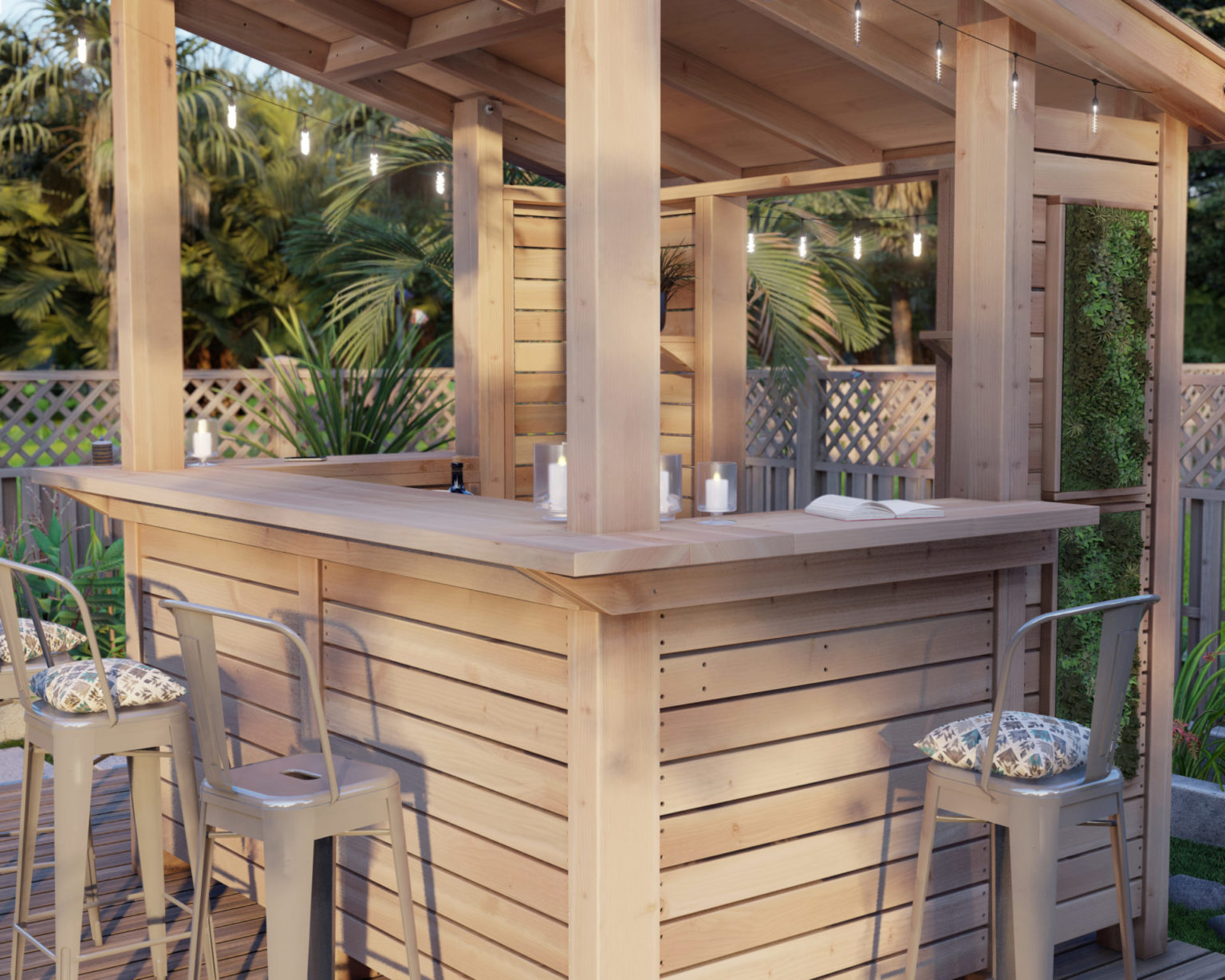 DIY outdoor bar plan with roof, walls, and seating for 5 DIY projects