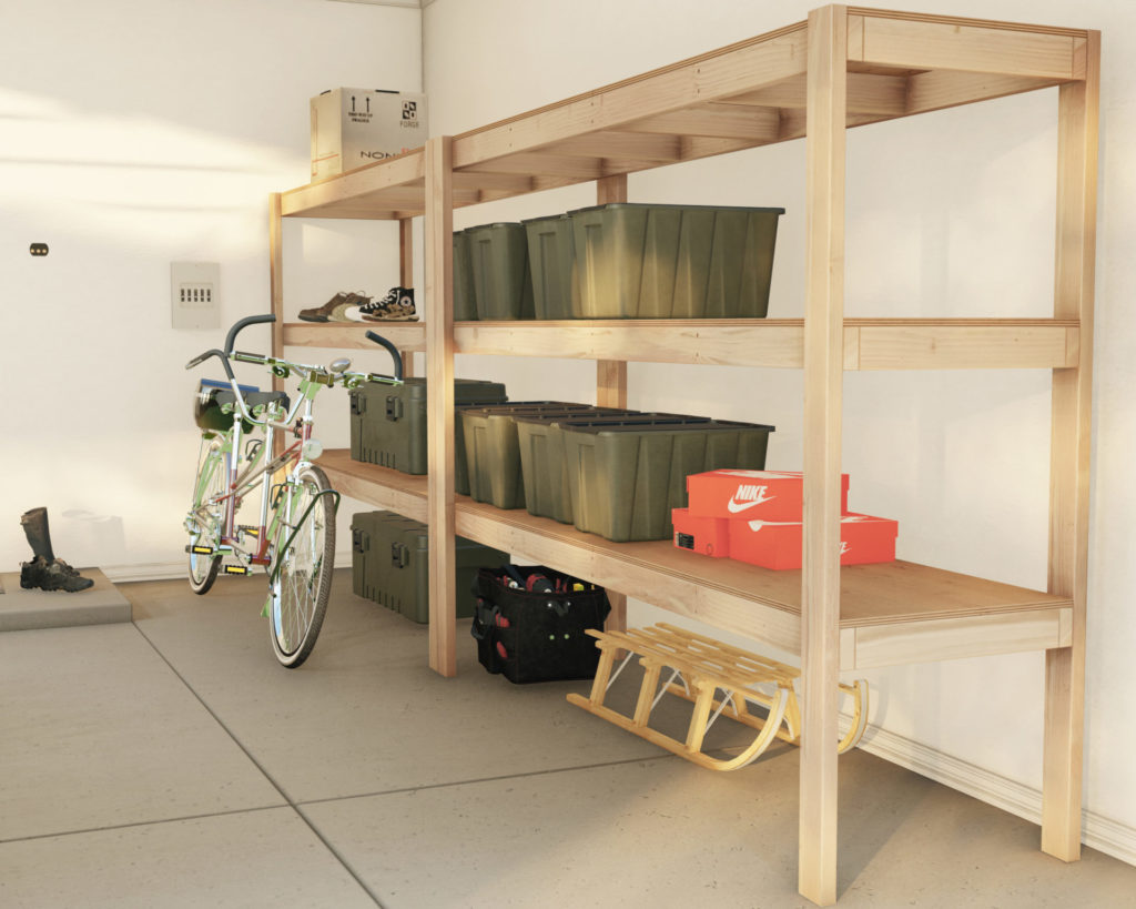 DIY wooden garage shelves with plywood and 2x4s plans