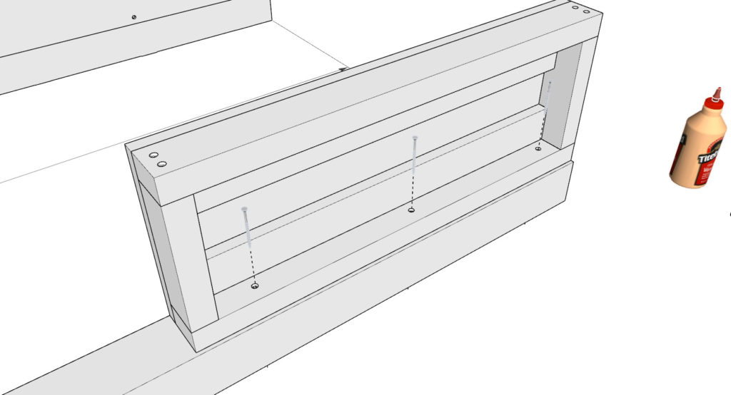 Adding the desk frame components to the loft bed pillars.