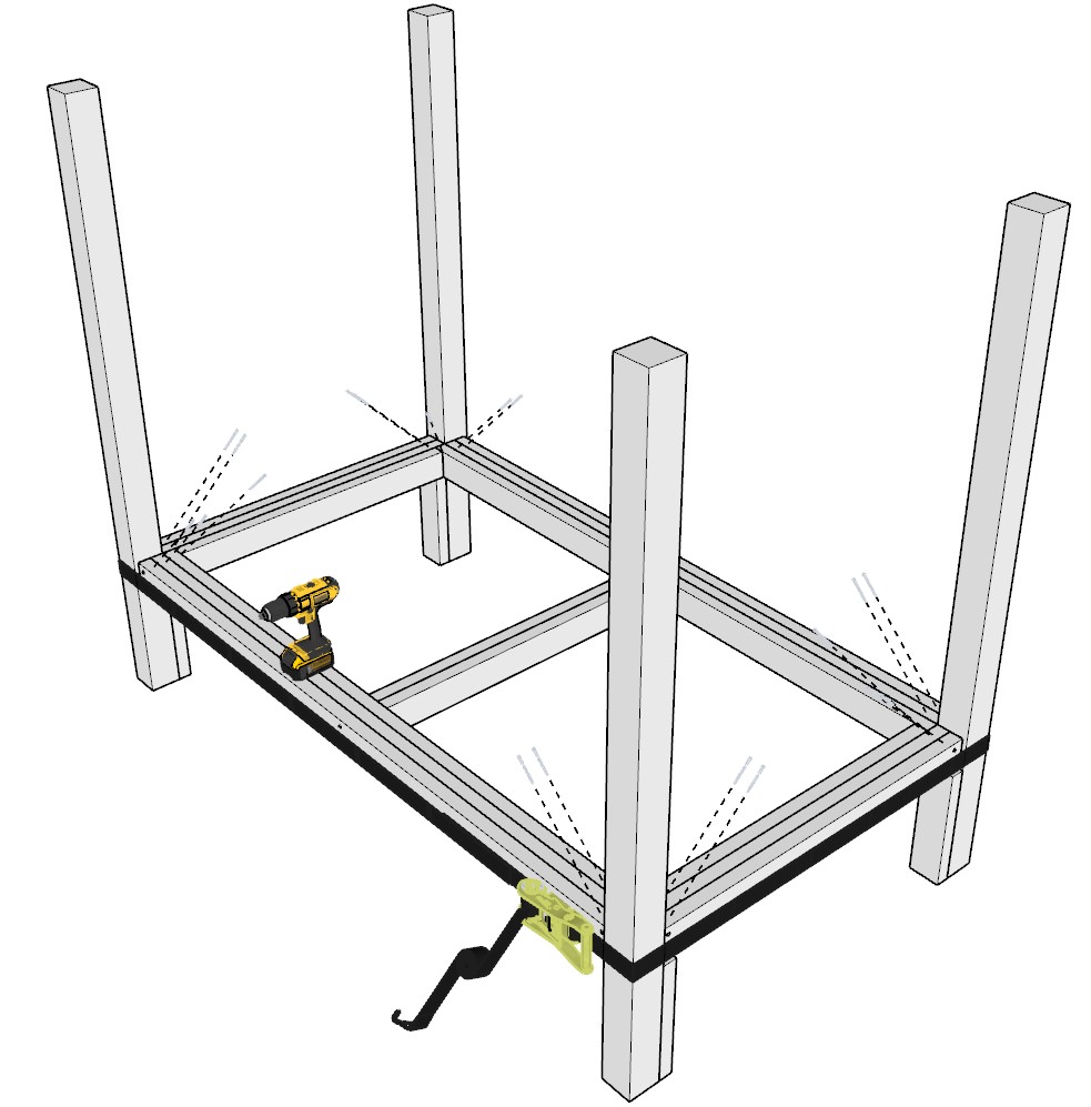 Adding the bed frames to the bunk bed 4x4 posts