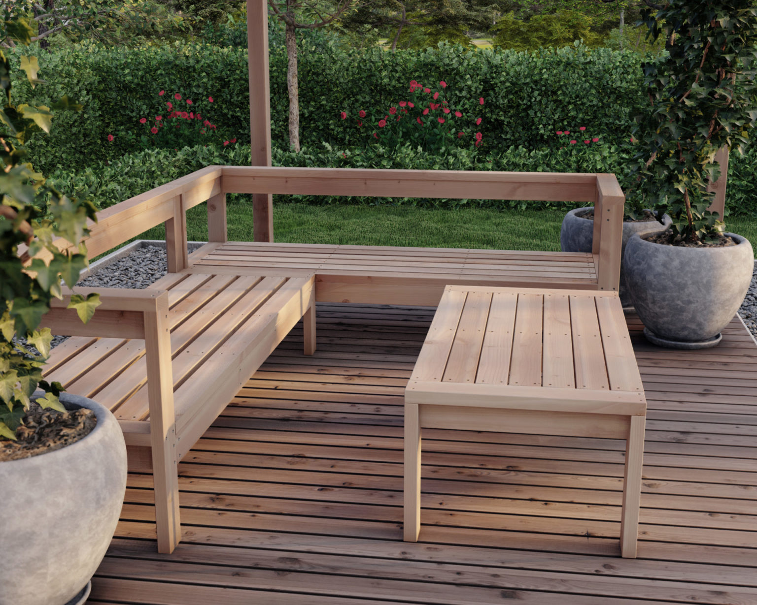 DIY outdoor patio cover, sectional, and coffee table plan DIY