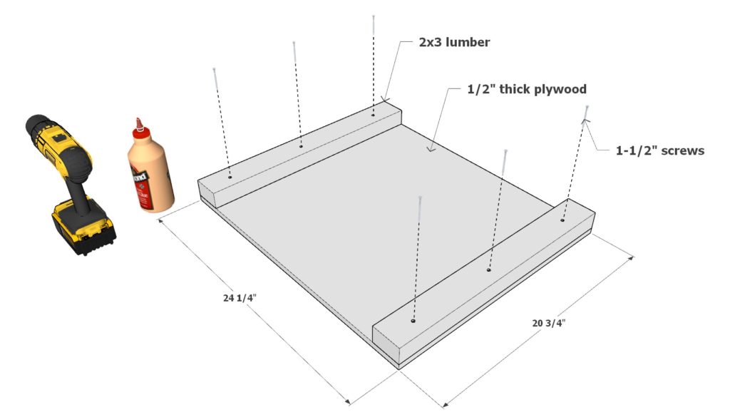 DIY desk frame assembly using 2x3 lumber and plywood