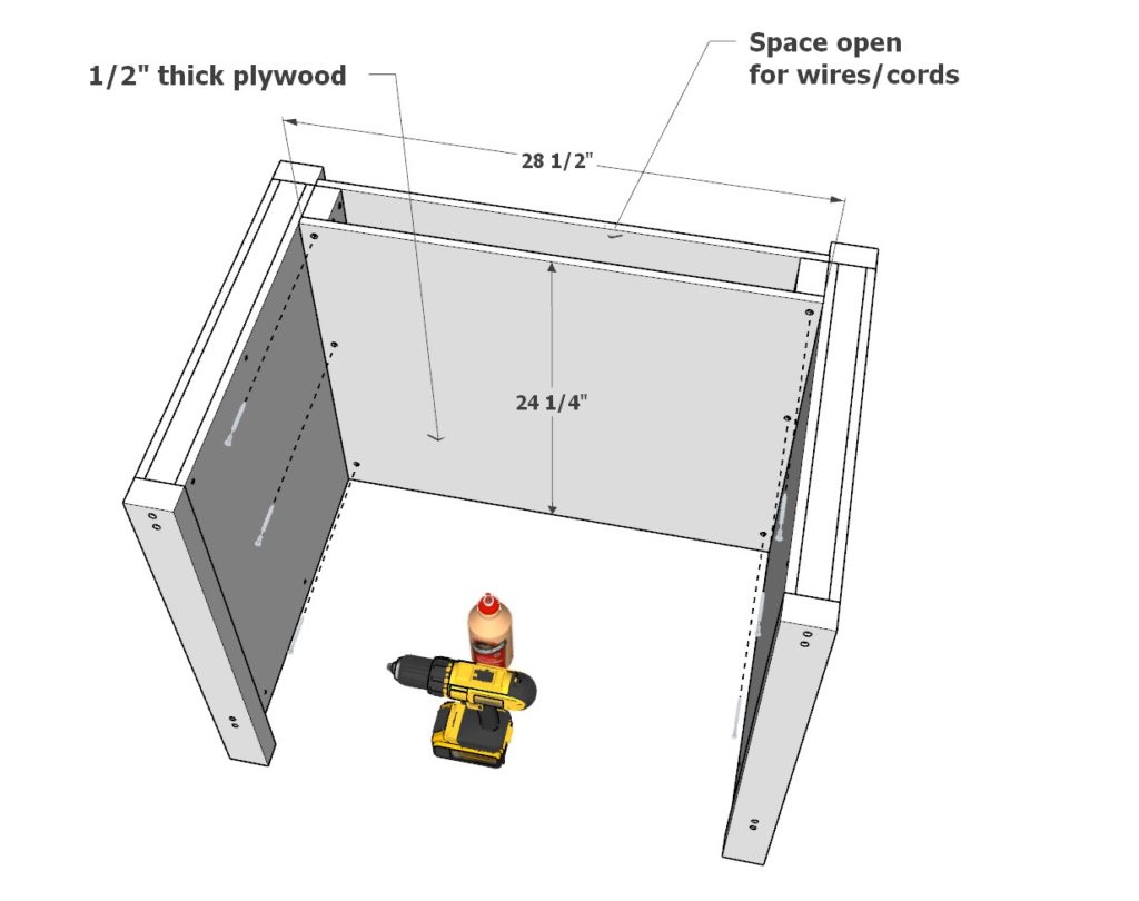 Building the center desk frame pieces from 2x3 lumber and plywood