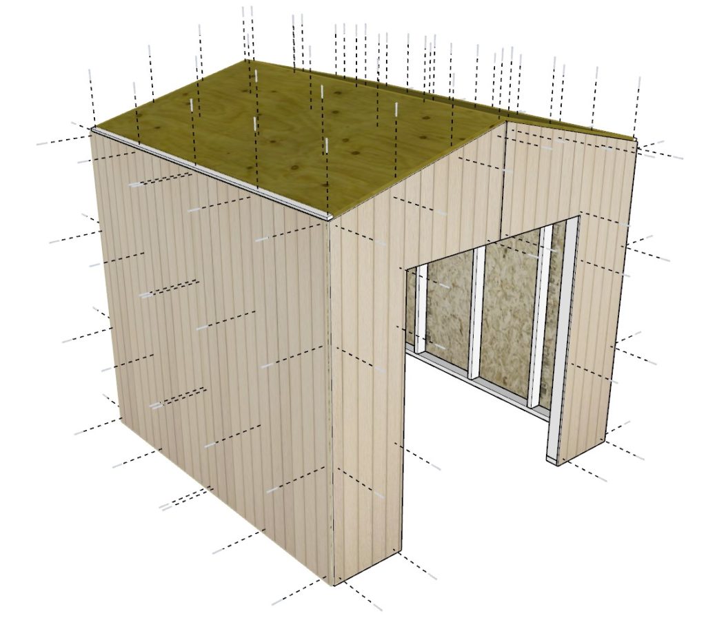 Attaching siding and roof plywood sheets to DIY shed.