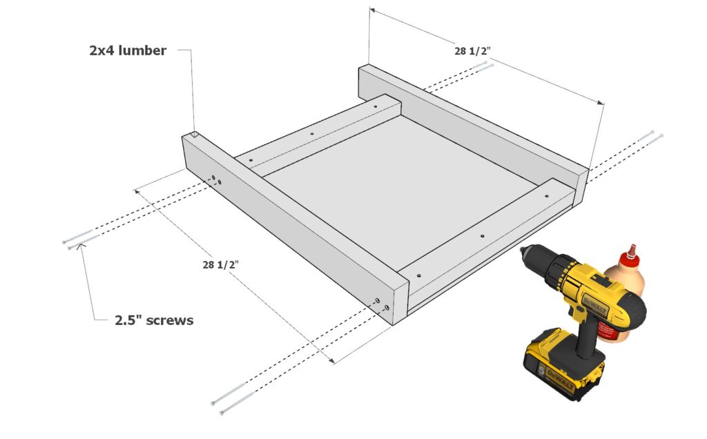 DIY desk frame assembly using 2x3 lumber and plywood