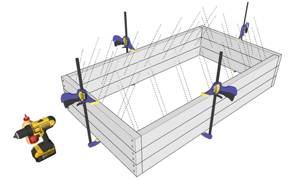 DIY fire pit 2x4 lumber frame construction using wood clamps