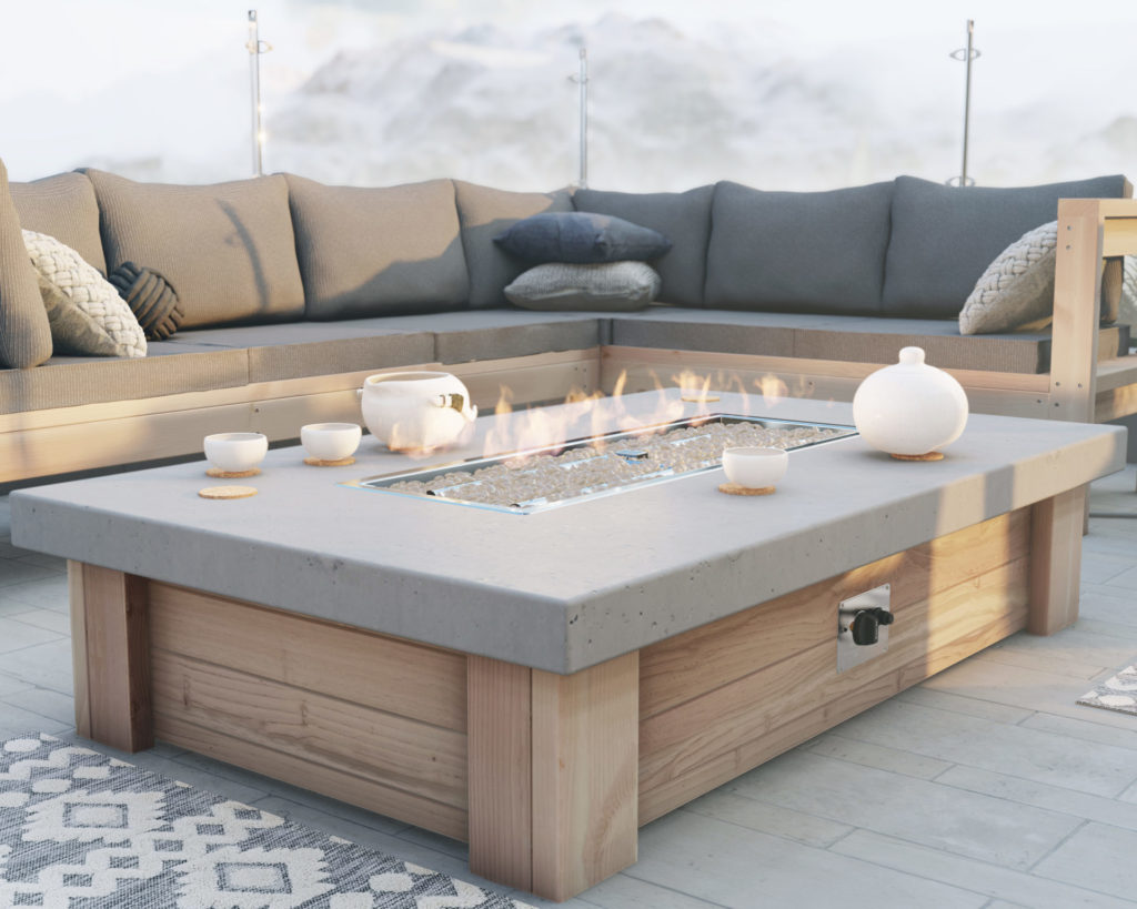 DIY wooden smokeless gas fire pit with cement slab. DIY fire pit ideas