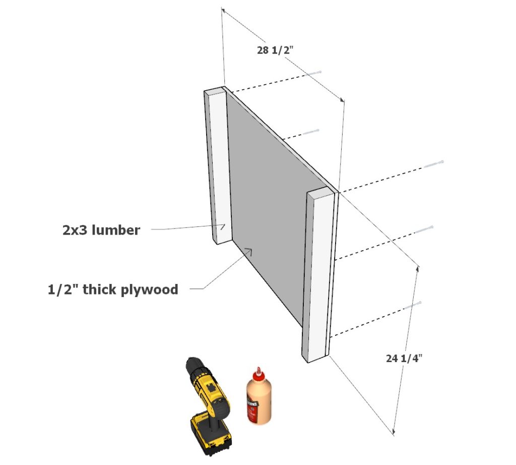 Building the center desk frame pieces from 2x3 lumber and plywood