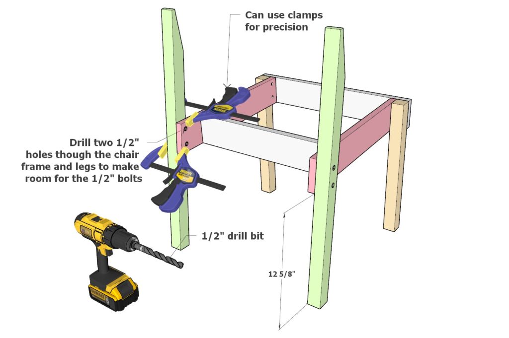 Drilling holes in the chair frame and legs