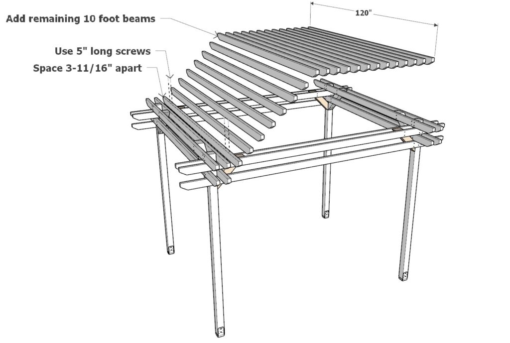 Adding the 2x4 rafter beams to he DIY pergola frame