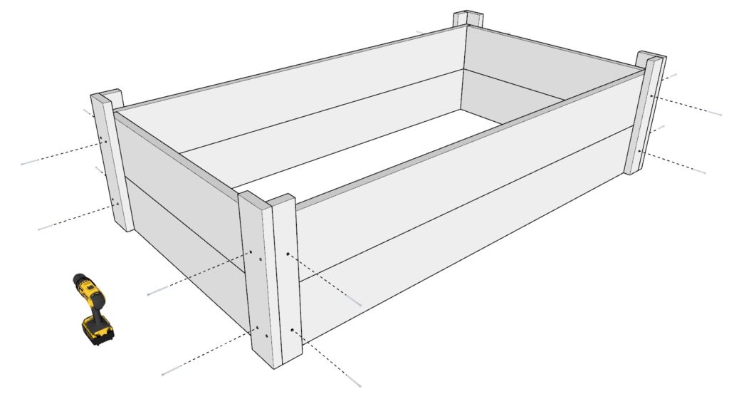 Garden planter box frame supports attached with screws