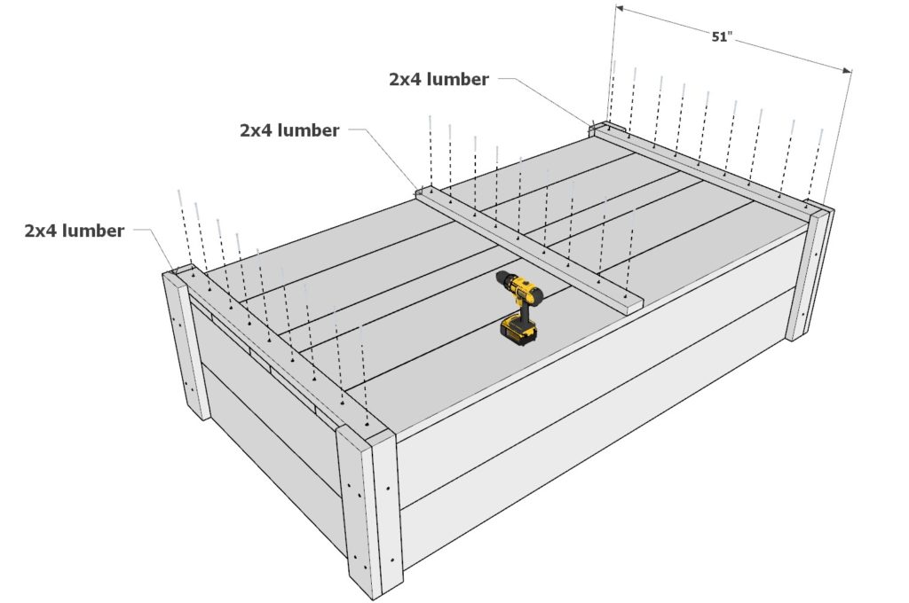 Securing bottom planter box planks with 2x4 beams