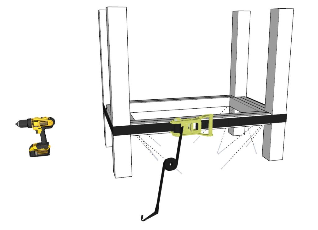 Adding counter frame to counter legs using ratchet straps