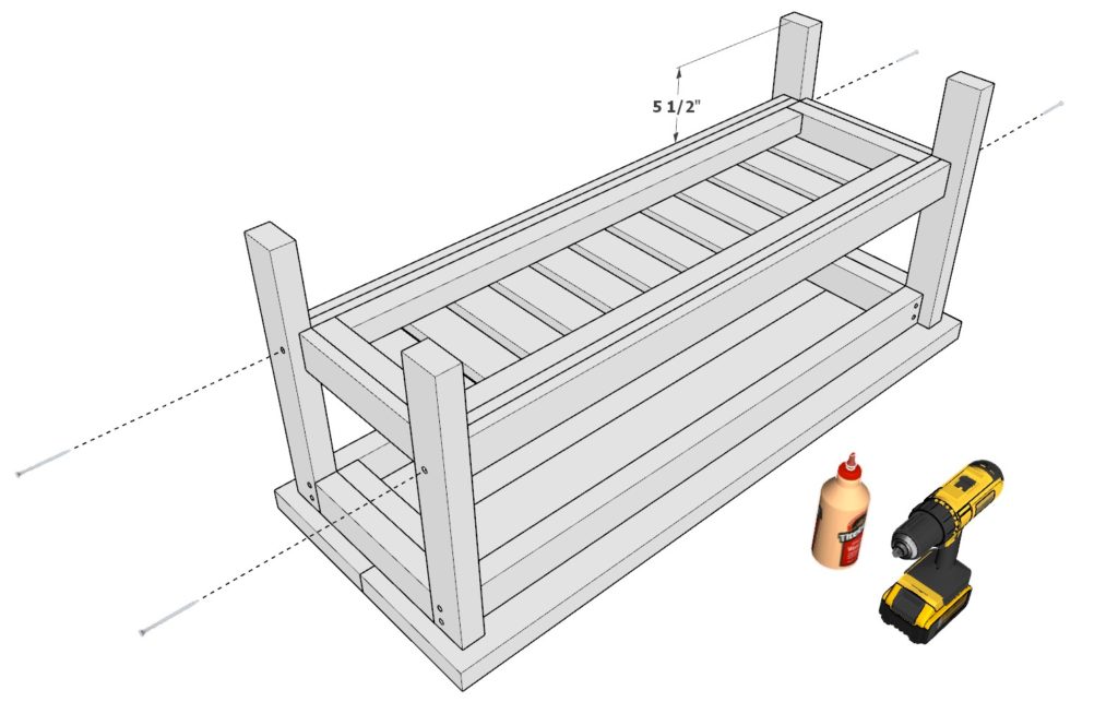 Installing the shoe shelf to DIY entryway bench