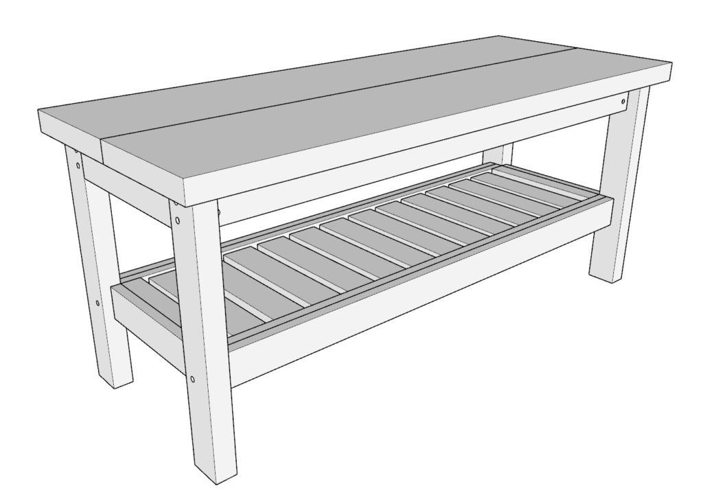 DIY entryway bench with shoe storage completed.