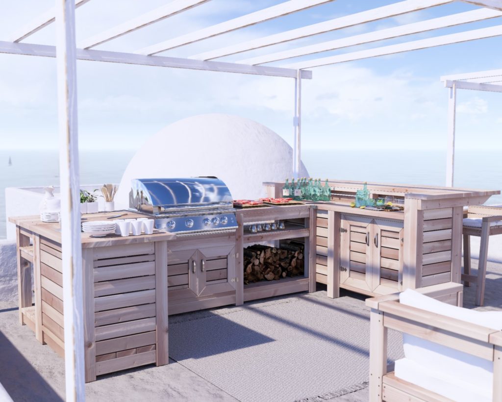 Stunning rooftop DIY outdoor kitchen with ocean view in Santorini-inspired setting
